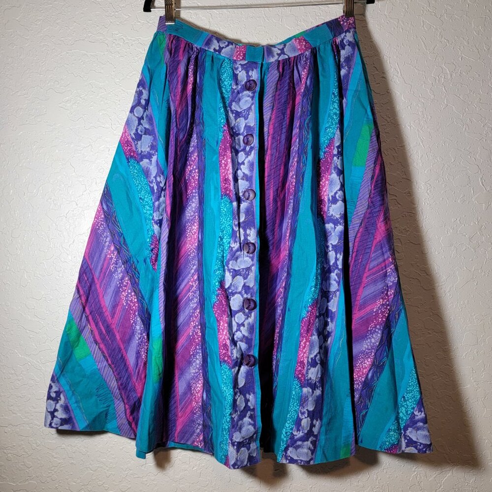 Vintage 80's Novelty Purple Green Blue Full Button Midi 80's Y2K Modest Sz M